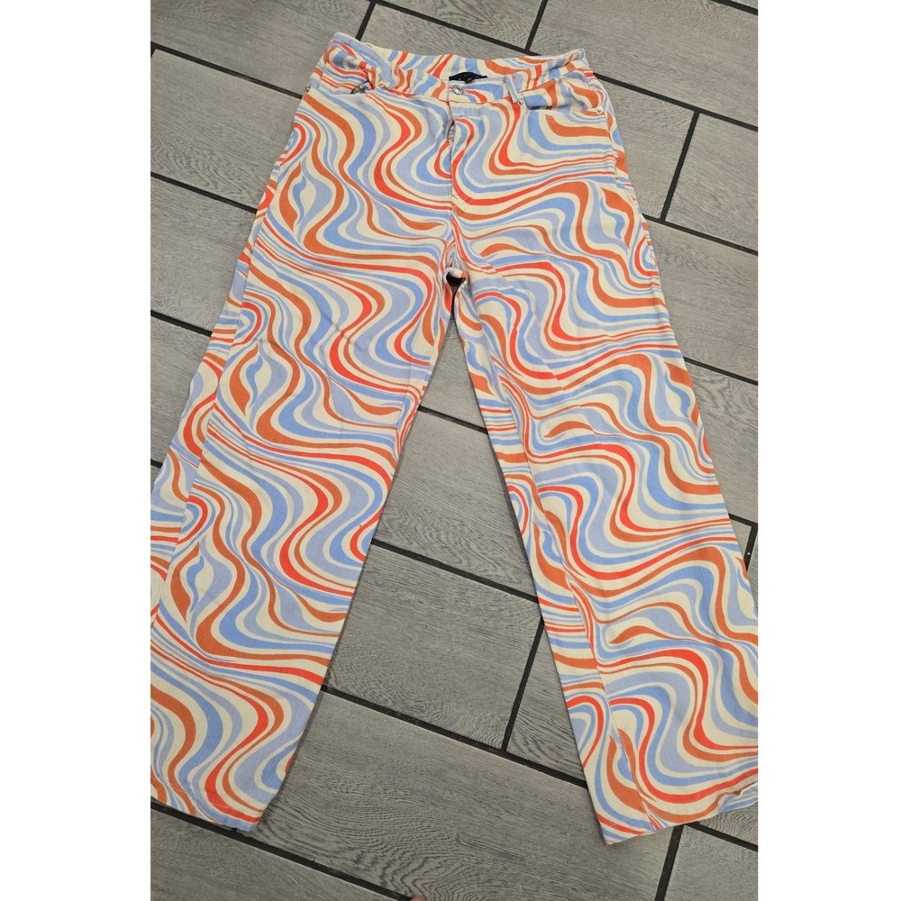 No Vacancy Psychedelic Swirl High Waisted Straight Leg Pants Orange Blue Large